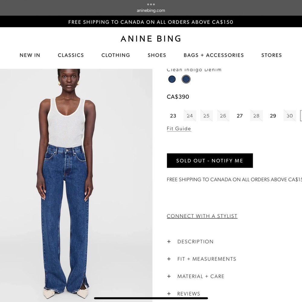 Anine Bing blue dark wash Roy 34 Jeans size 30